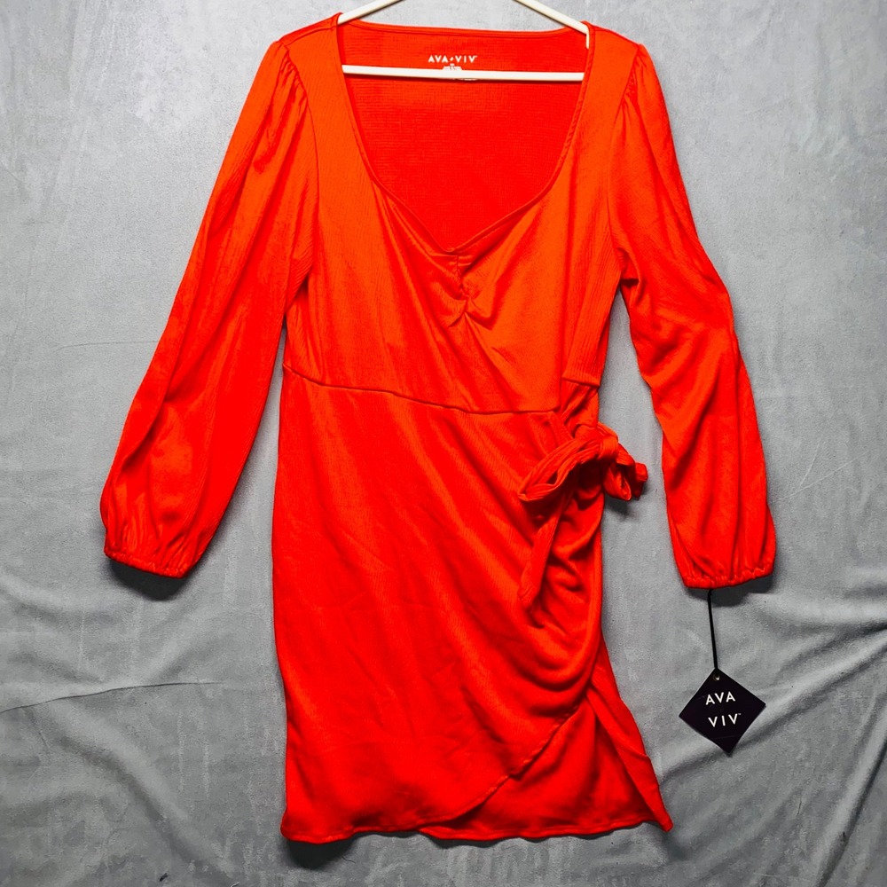 AVA & VIV XXL Red Dress Long Sleeve Waist Side‎ Tie Plus Size
